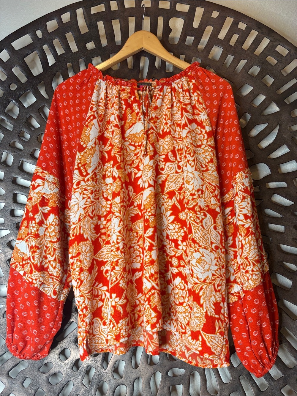 🧡 Floral Peasant Blouse Women's Large Orange Boho Long Sleeve Vince Camuto Top
